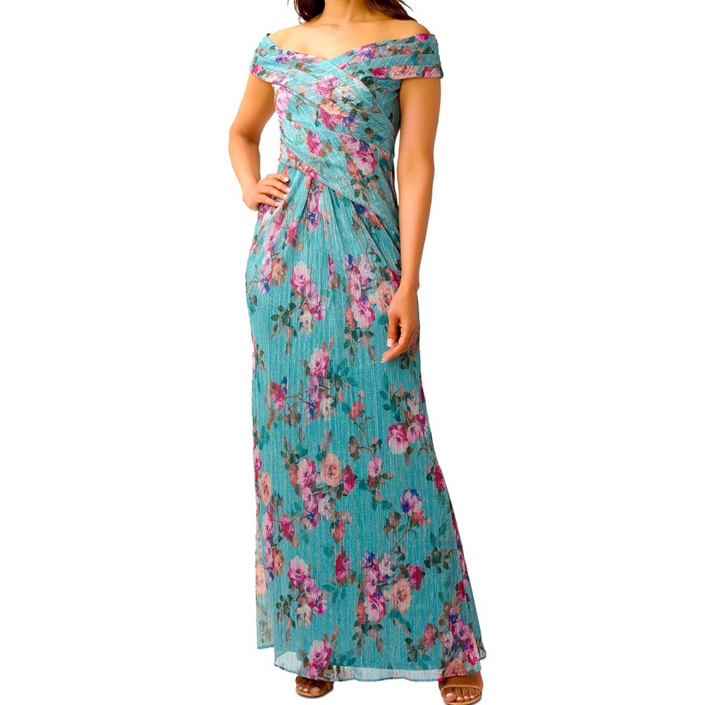 Beautiful blooms highlight Adrianna Papell's off-the-shoulder gown